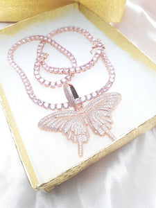 Rose Gold filled 4 mm tennis chain and iced out Butterfly pendant