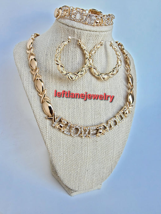 14k Gold Filled Full Set oval heart xoxo set Chain, Bracelet And Earrings