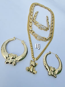 14k Gold Filled Full bear duo xoxo set Chain, Bracelet And Earrings