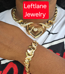 14k Gold Filled Full Set chunky heart xoxo set Chain And Bracelet