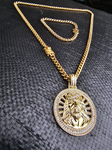 14k 6mm Gold Plated Cuban Link Chain Bracelet and jesus Pendant