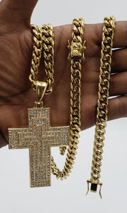 14k gold plated 8mm Cuban link chain and bracelet set with iced out cross