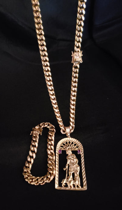 14k gold plated 8mm Cuban link chain pendant and bracelet set
