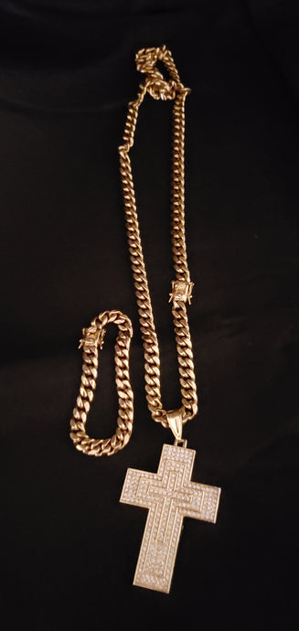 14k gold plated 8mm Cuban link chain and bracelet set with iced out cross