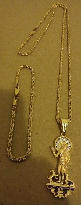 3mm Small Casual Look 14k Gold plated Rope Chain and bracelet with St. Lazarus Gold Filled Pendant