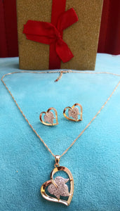 14k Gold Filled Womens Full Set Chain, Heart Charm And Earrings