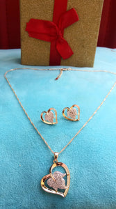 14k Gold Filled Womens Full Set Chain, Heart Charm And Earrings