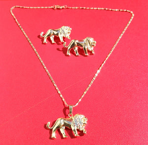 14k Gold Filled Womens Full Set Chain, Lion Charm And Earrings