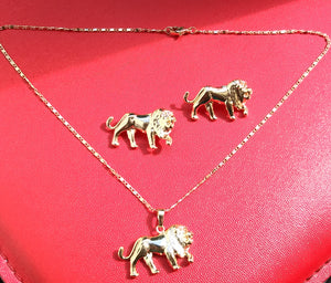 14k Gold Filled Womens Full Set Chain, Lion Charm And Earrings