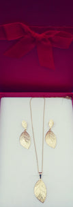 14k Gold Filled Womens Full Set Chain, Leaf Charm And Earrings