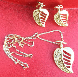 14k Gold Filled Womens Full Set Chain, Leaf Charm And Earrings