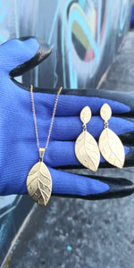 14k Gold Filled Womens Full Set Chain, Leaf Charm And Earrings
