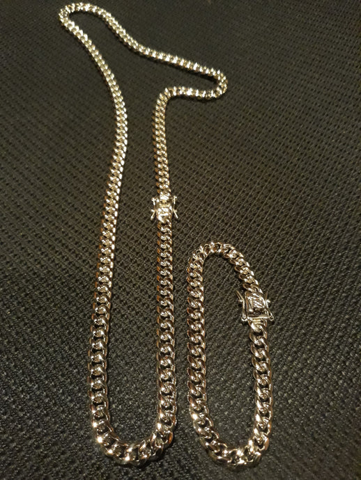 8mm 14k  White gold plated Miami Cuban link set