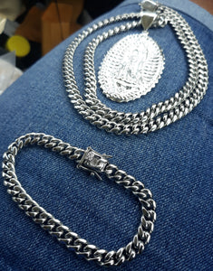 14k White Gold Plated 8mm Cuban Link Chain Pendant and Bracelet  Set