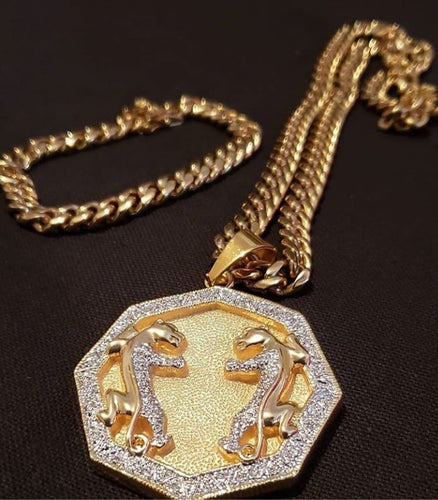 14k gold plated 8mm Cuban link chain pendant and bracelet set
