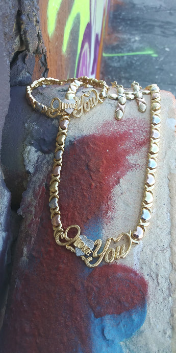 Gold filled Tri colored💖📿I love you 😍😍😍x&o hugs and kisses xoxo set necklace earrings and bracelet