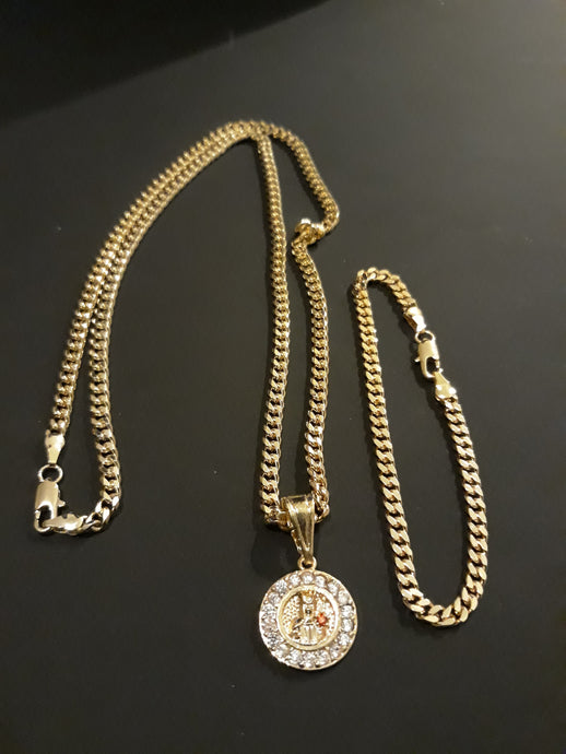 14k Gold Filled 3mm Cuban Link Chain Bracelet and Pendant  Set