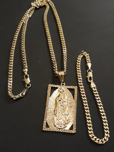 14k Gold Filled 3mm Cuban Link Chain Bracelet and Pendant  Set