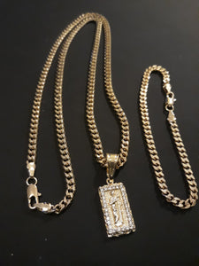 14k Gold Filled 3mm Cuban Link Chain Bracelet and Pendant  Set
