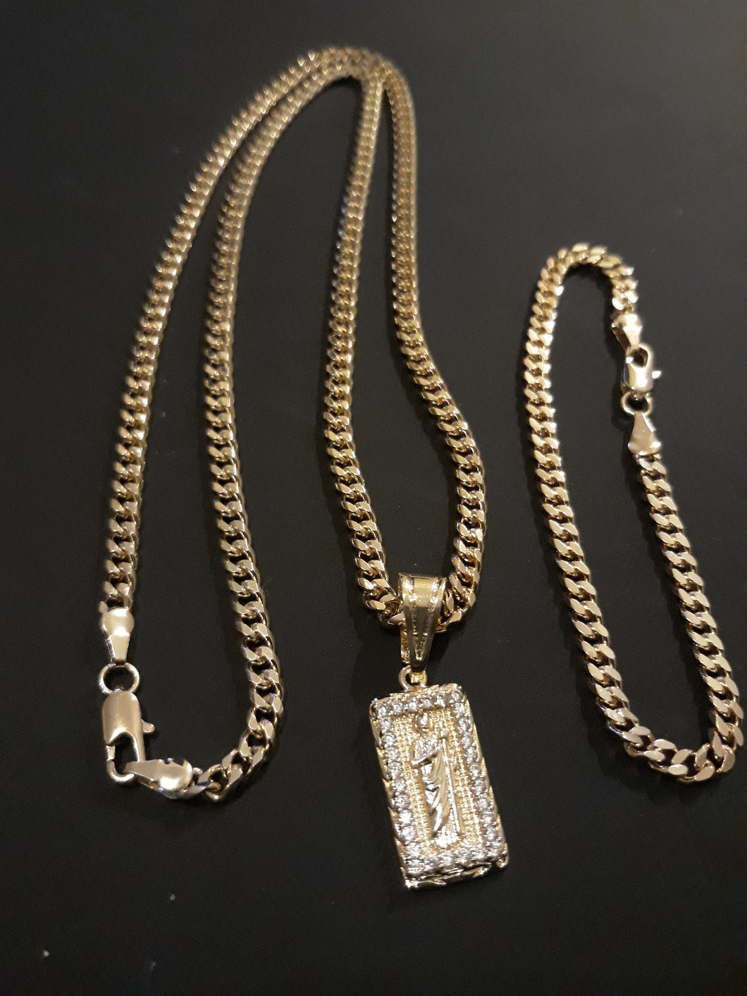 14k Gold Filled 3mm Cuban Link Chain Bracelet and Pendant  Set