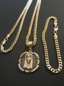 14k Gold Filled 3mm Cuban Link Chain Bracelet and Pendant  Set