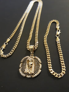 14k Gold Filled 3mm Cuban Link Chain Bracelet and Pendant  Set