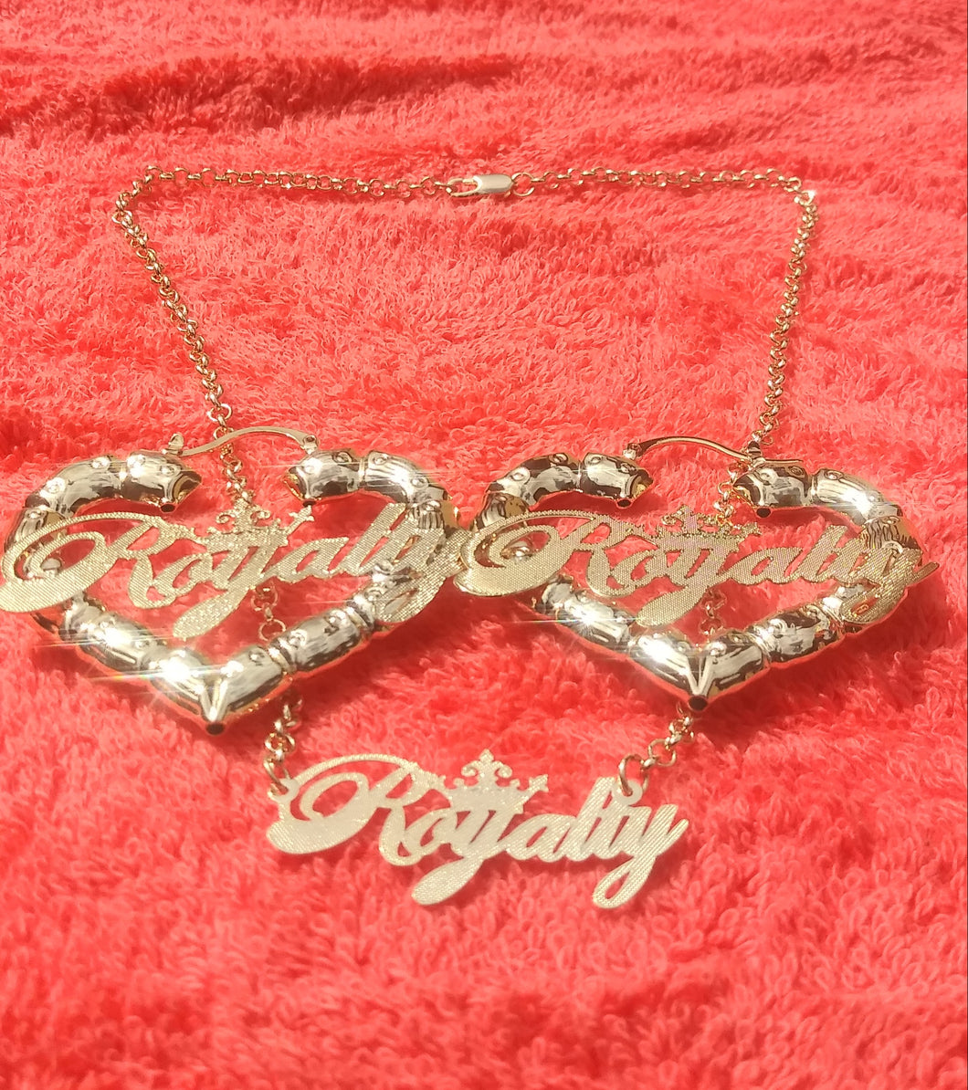14k Gold Filled Womens Full Set Chain Royalty plate And bamboo Earrings