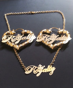 14k Gold Filled Womens Full Set Chain Royalty plate And bamboo Earrings