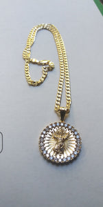 18k Gold Filled 5mm Cuban Link Diamond Cut Chain and iced out jesus Pendant  Set