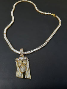 Gold filled 3 mm tennis chain and iced out Jesus pendant