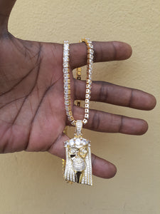 Gold filled 3 mm tennis chain and iced out Jesus pendant