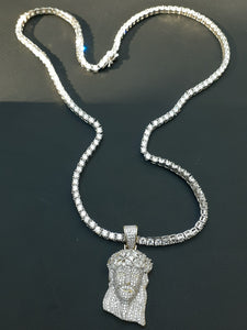 3mm 925 Silver Cz Diamond 20inch Tennis Chain and Iced out Jesus pendant Made from Silver