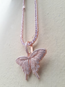 Rose Gold filled 4 mm tennis chain and iced out Butterfly pendant