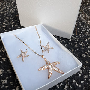 14k Gold Filled 2mm 2 tone Chain, iced out Star Fish Pendant and earrings  Set