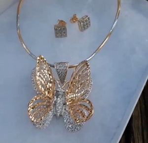 14k Gold Filled 2mm 2 tone Chain, iced out 3D Butterfly Pendant and earrings  Set