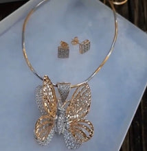 14k Gold Filled 2mm 2 tone Chain, iced out 3D Butterfly Pendant and earrings  Set