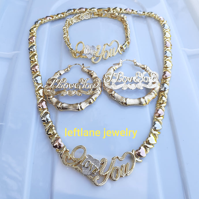 14k Gold Filled Womens 💖 X&o Hugs and Kisses Full xoxo Set Chain And Bracelet with tri color I love you earrings