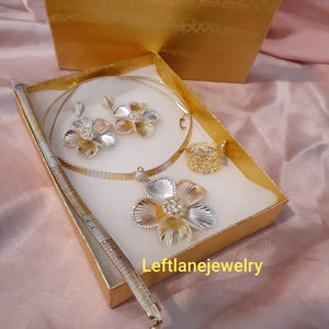 14k Gold Filled Womens Full Set Tri Colored Chain, 3d Flower Charm And Earrings
