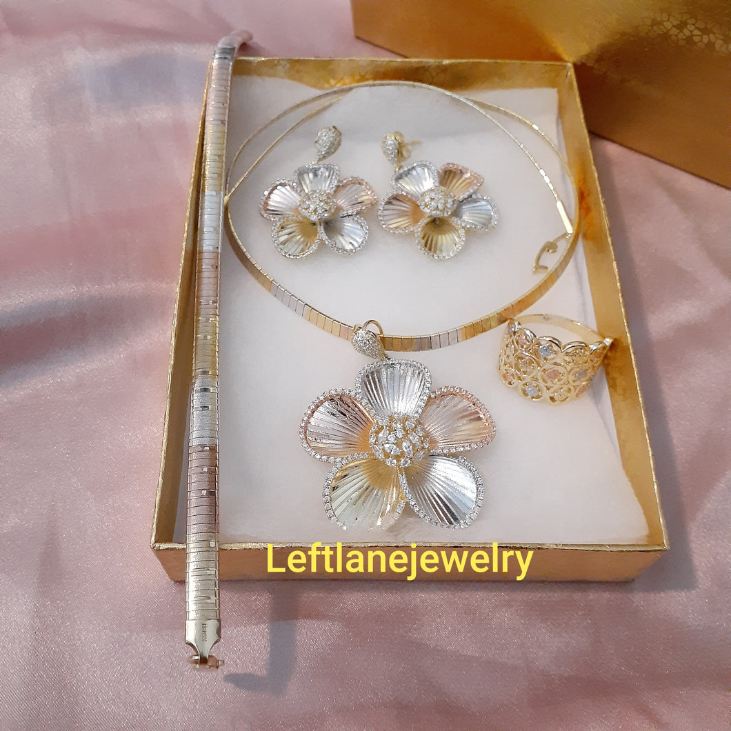 14k Gold Filled Womens Full Set Tri Colored Chain, 3d Flower Charm And Earrings