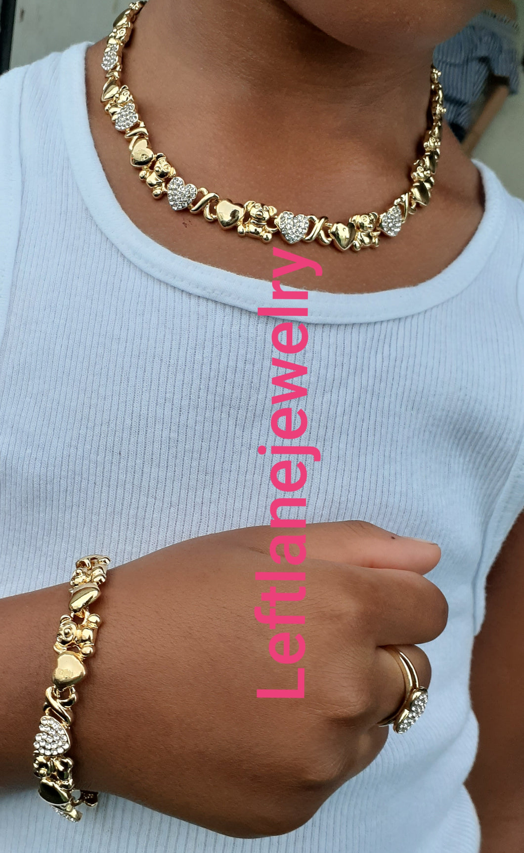 14k Gold Filled Girls Full Set xoxo teddy bear set Chain, Ring, Bracelet And Earrings