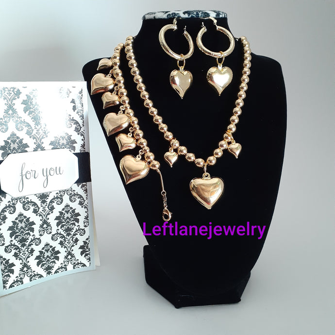 14k Gold Filled Full Set chunky triple iced heart xoxo set Chain, Ring, Bracelet And Earrings