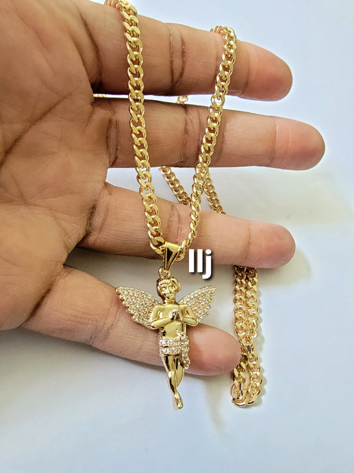 14k Gold Plated 3mm Cuban link chain and pendant  set