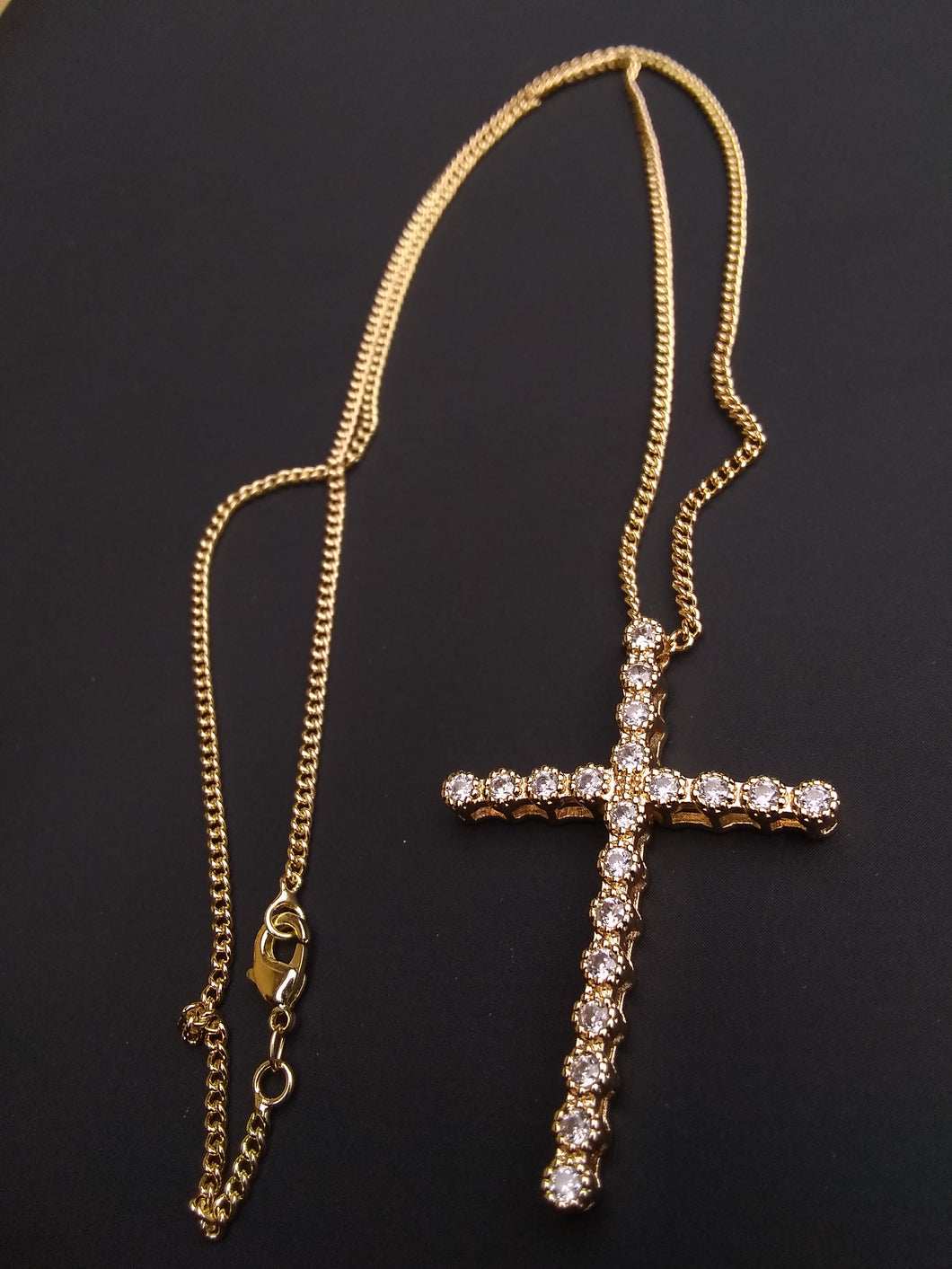 18k Gold Filled 2mm Cuban Link Chain and Cz Diamond Cross Pendant  Set