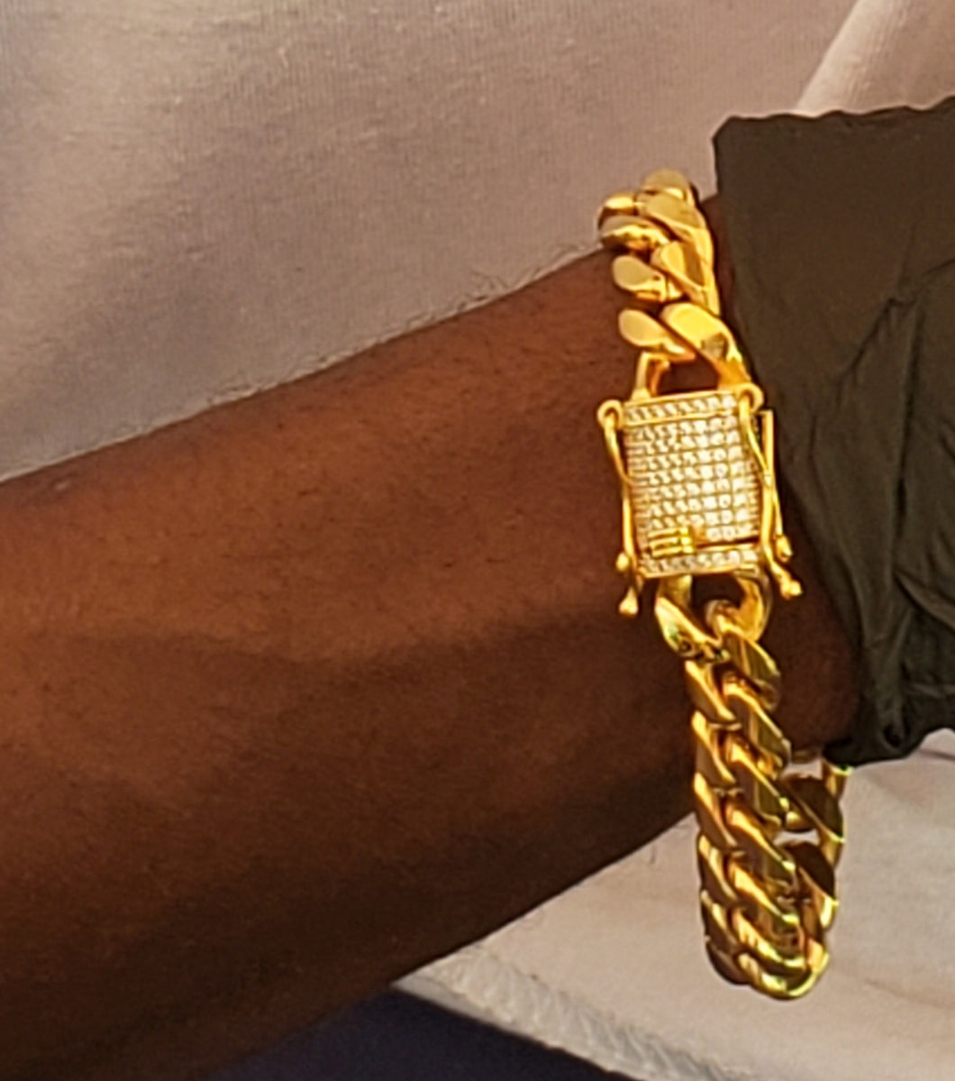 12mm 18k Gold Plated Micro Pave Diamond Cuban Link Bracelet