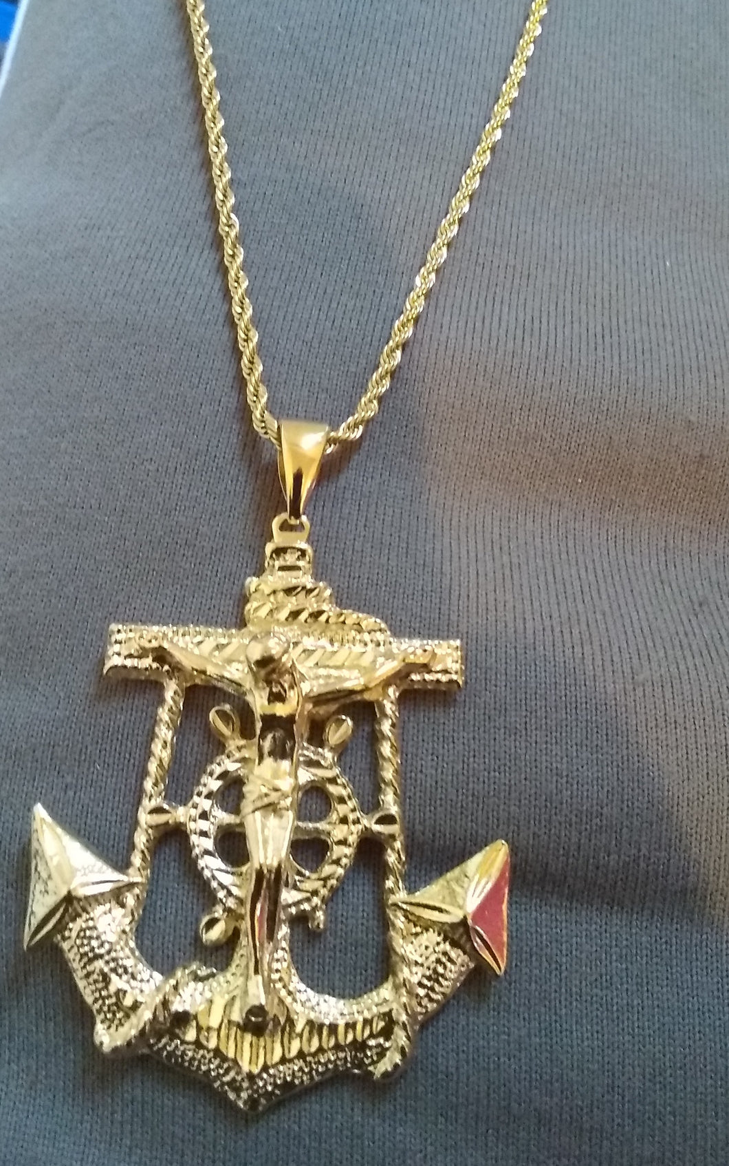 14k gold plated Jesus cross anchor pendant