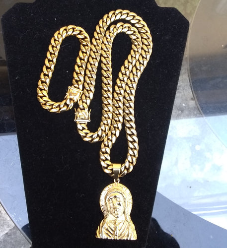 New Arrival 14k Gold Plated 12mm Cuban Link Chain And Bracelet Set With Pendant