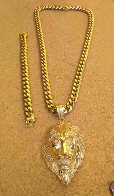 New Arrival 14k Gold Plated 14mm Cuban Link Chain And Bracelet Set With A Nice Big Lion Head Piece