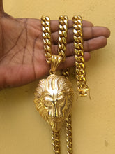 New Arrival 14k Gold Plated 14mm Cuban Link Chain And Bracelet Set With A Nice Big Lion Head Piece