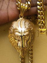 New Arrival 14k Gold Plated 14mm Cuban Link Chain And Bracelet Set With A Nice Big Lion Head Piece