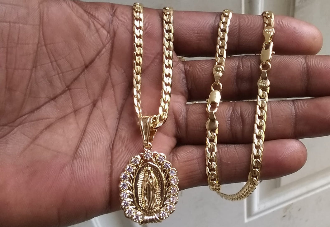 18k Gold Filled 5mm Cuban Link Diamond Cut Chain Bracelet  and Pendant  Set